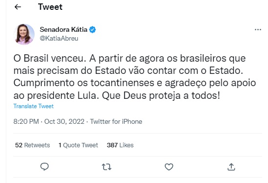 Foto: Divulgação/Tweet Senadora Kátia