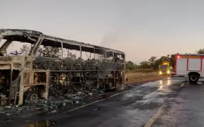 Após pegar fogo, ônibus fica totalmente destruído na BR-153 entre Gurupi e Aliança